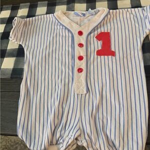 Striped Blue and White Kids Bodysuit with Red Accents